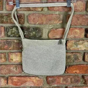 Sak Purse Bag Shoulder Body Yarn Macrame Woven Cream silver Boho Charm